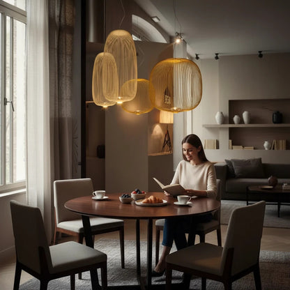 Lysverden sculptural gold metal wire pendant lights hanging over a dining table with a woman reading in a modern home