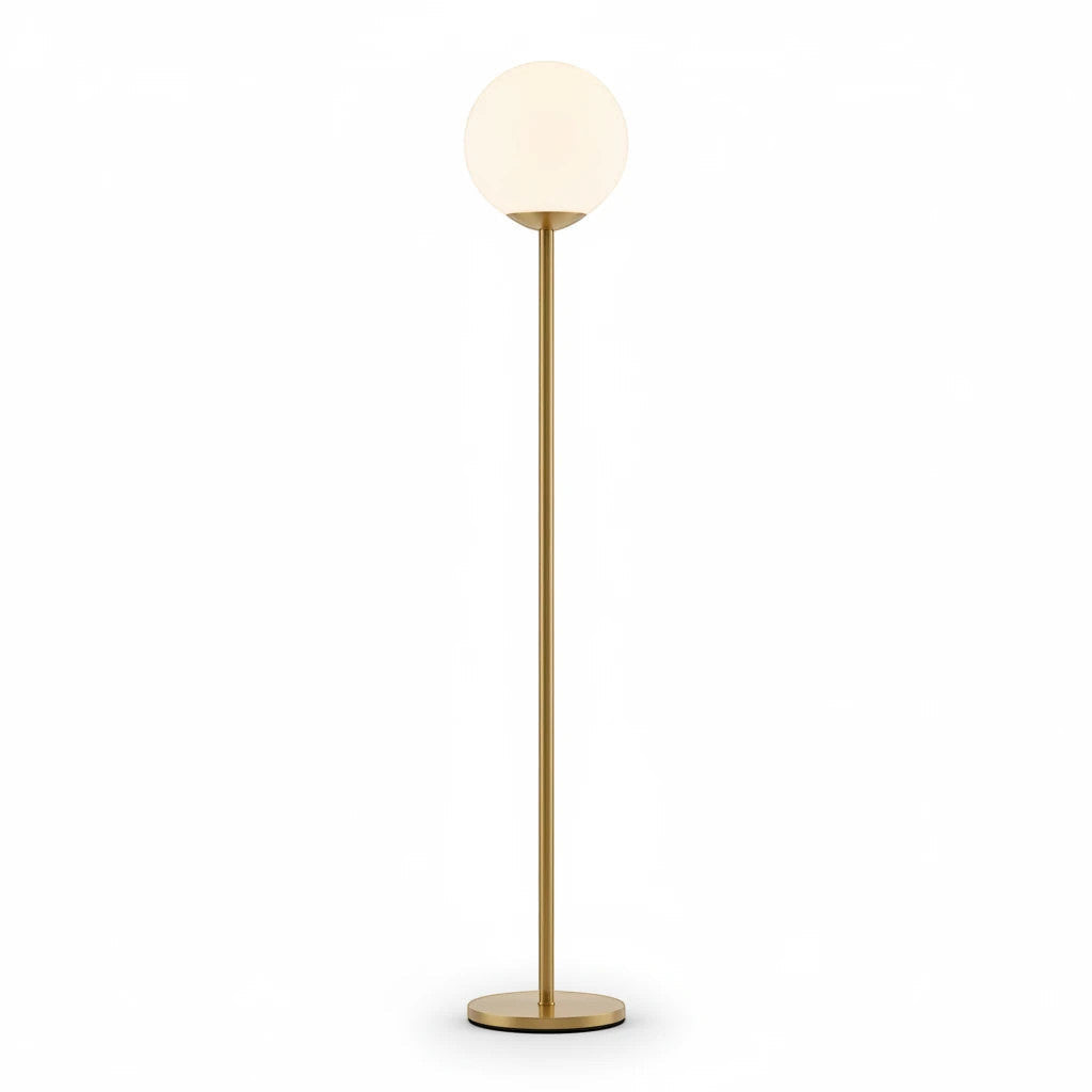 Lysverden minimalist gold floor lamp with a spherical opal glass shade providing warm, diffused LED lighting.