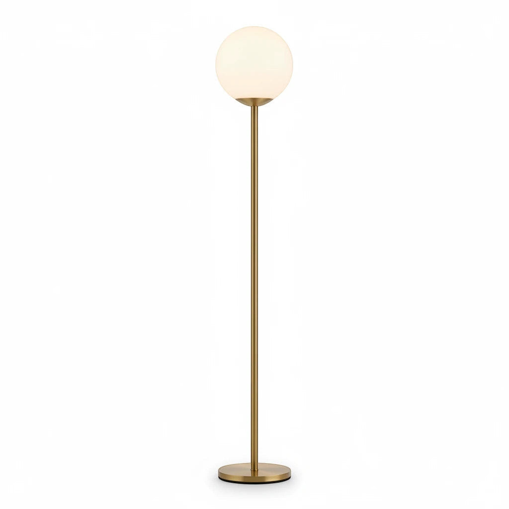 Lysverden minimalist gold floor lamp with a spherical opal glass shade providing warm, diffused LED lighting.