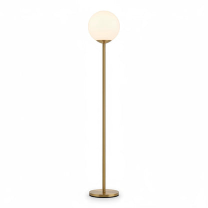 Lysverden minimalist gold floor lamp with a spherical opal glass shade providing warm, diffused LED lighting.