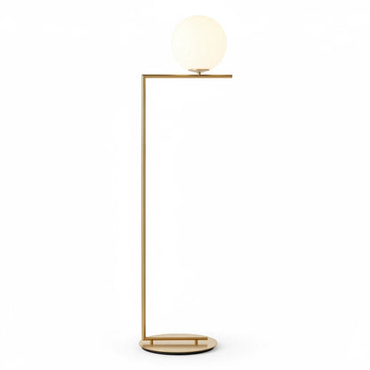 Lysverden gold floor lamp with a minimalist metal frame and a spherical opal glass shade for soft, diffused lighting.