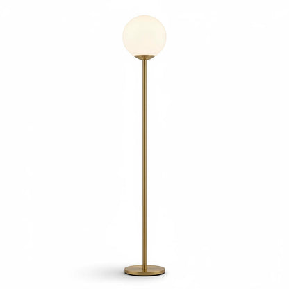 Lysverden minimalist floor lamp with a gold metal stand and a glowing opal glass sphere shade on a white background.