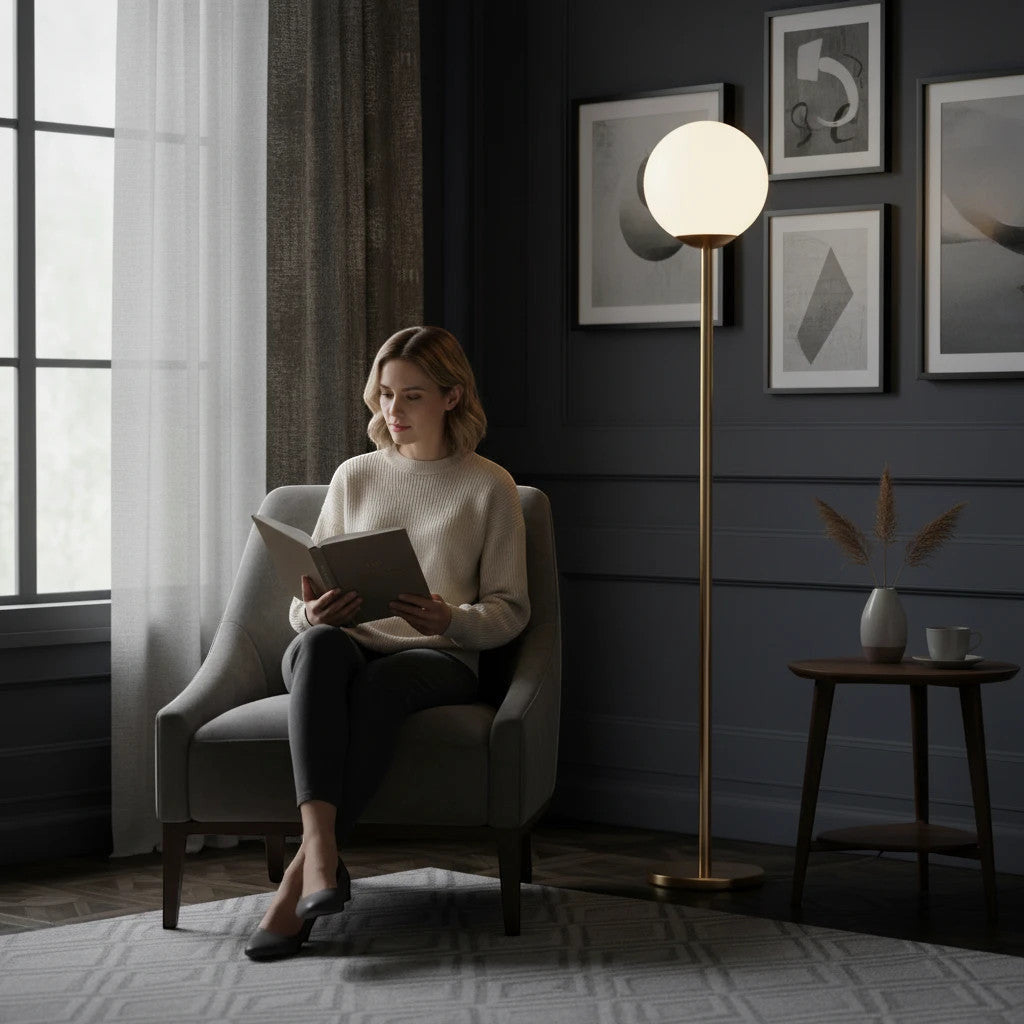 Lysverden minimalist floor lamp with a gold stem and glowing opal glass sphere, illuminating a woman reading in a chair