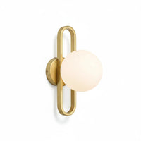 Lysverden modern wall lamp with a gold oval frame and a spherical frosted glass globe light on a white background