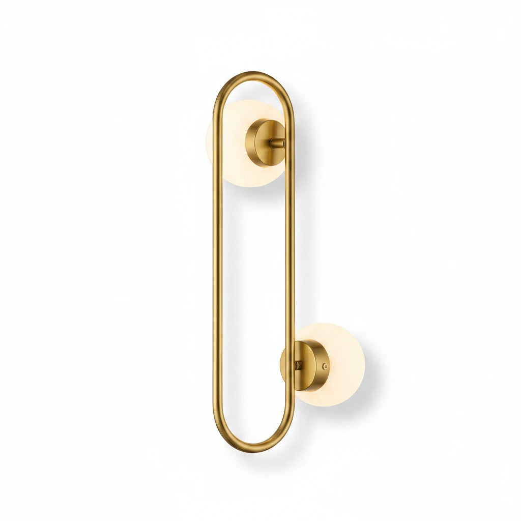 Lysverden midt-century wall lamp with a gold oval ring and two white glass globes for soft ambient lighting.