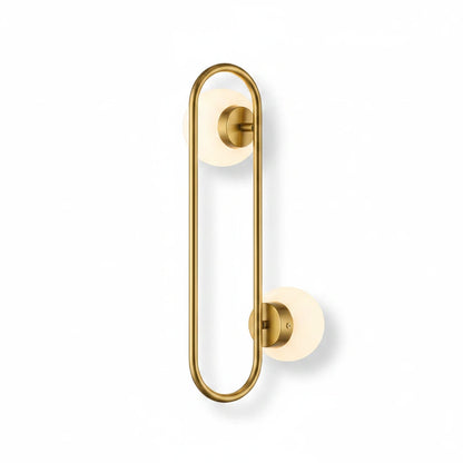 Lysverden midt-century wall lamp with a gold oval ring and two white glass globes for soft ambient lighting.