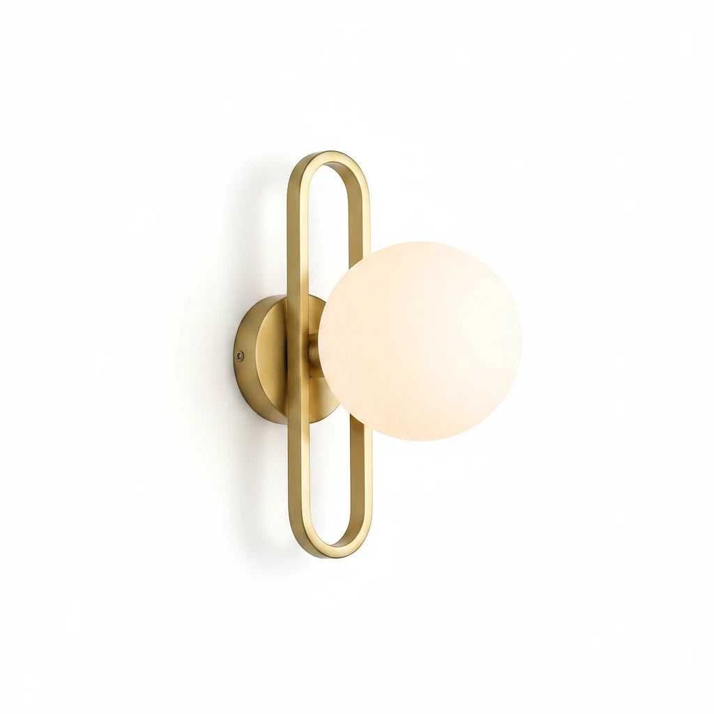 Lysverden modern wall lamp with a gold oval frame and a spherical frosted glass globe light on a white background