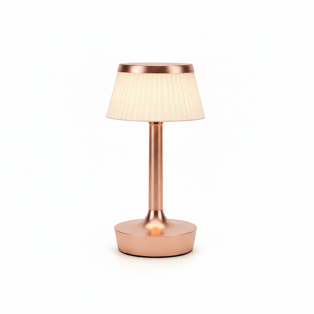 Lysverden gold metal table lamp with pleated cream shade, touch control, dimmable, 3 color temps, 2000 mAh battery.