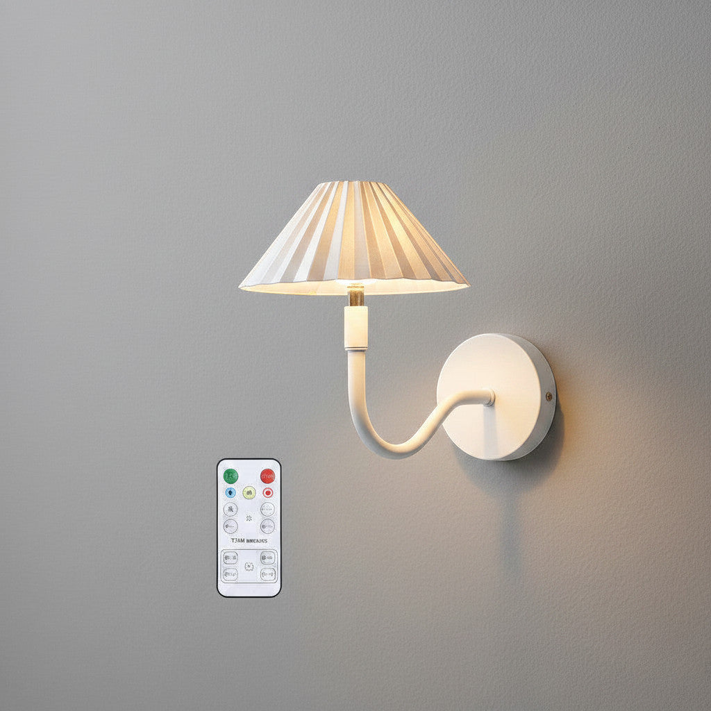 Lysverden gold pleated shade wall lamp with touch control and remote. Metal arm and base.