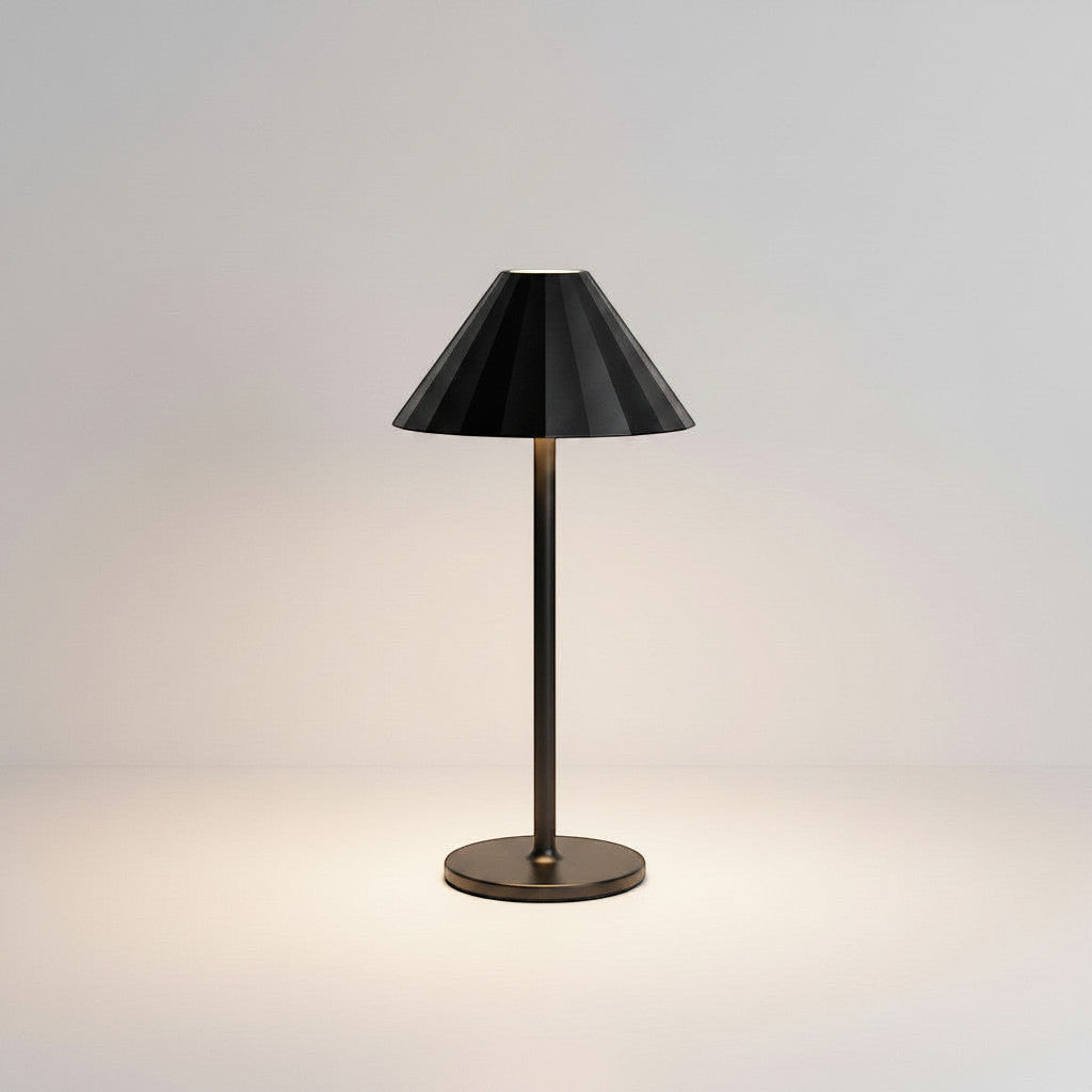 Lysverden gold aluminum and PC restaurant table lamp with pleated umbrella shade, touch control, 4 color temperatures, and 3-level dimming.