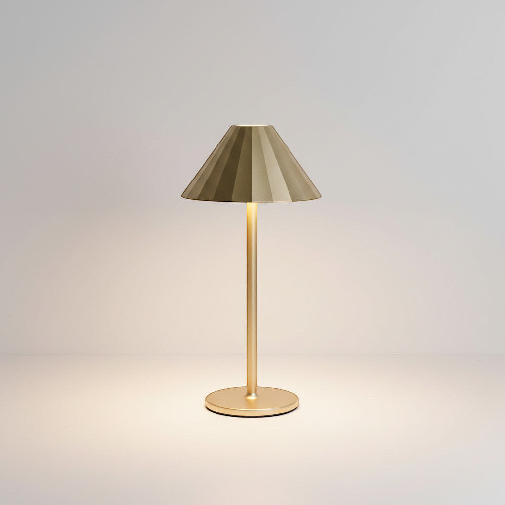Lysverden gold aluminum restaurant table lamp with pleated umbrella shade, touch control, 4 color temperatures, 3 dimming levels.