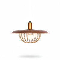 Lysverden gold metal pendant lamp with a flat bowl shade and a decorative ribbed cage design for ambient lighting.
