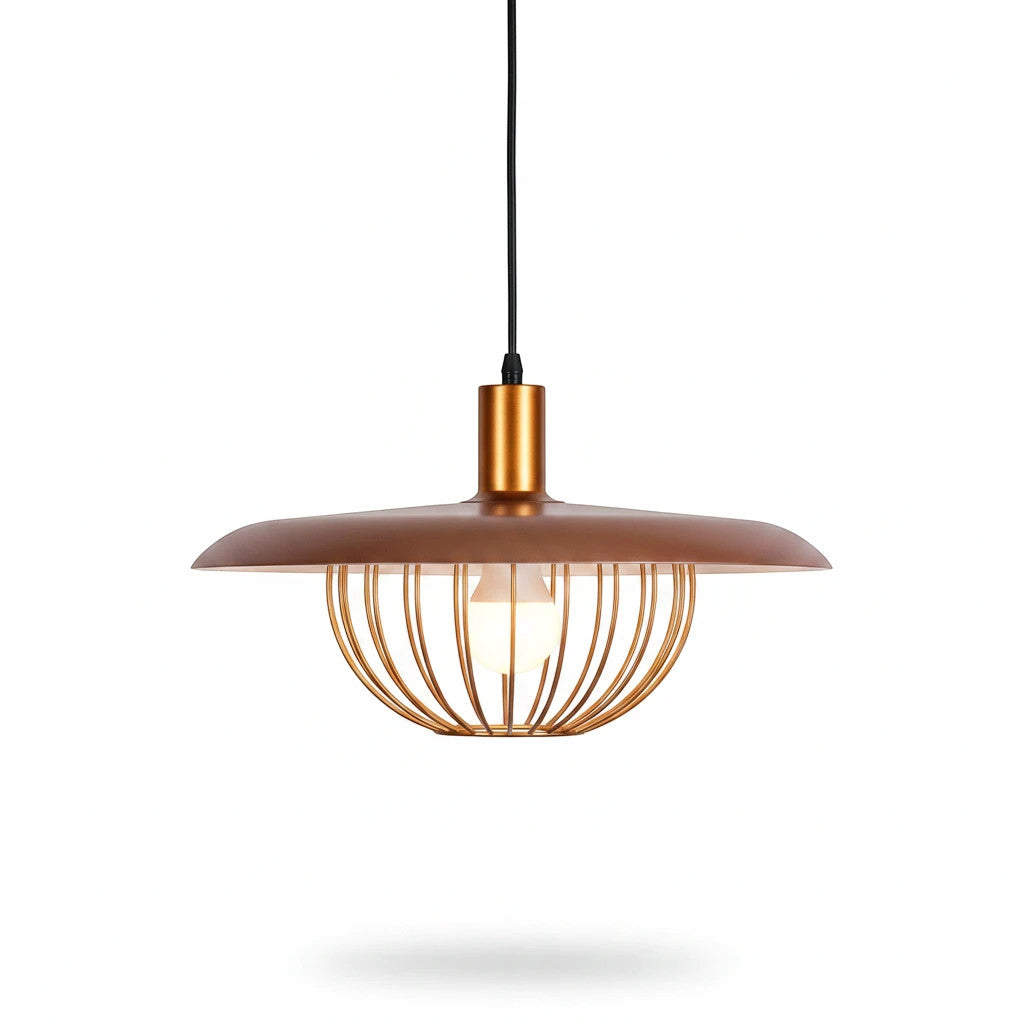 Lysverden gold metal pendant lamp with a flat bowl shade and a decorative ribbed cage design for ambient lighting.