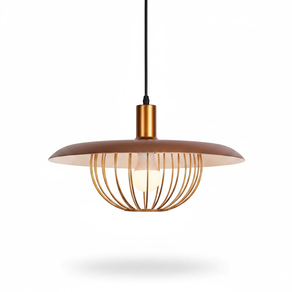 Lysverden gold metal pendant lamp with a flat bowl-shaped shade and a decorative ribbed wire design.