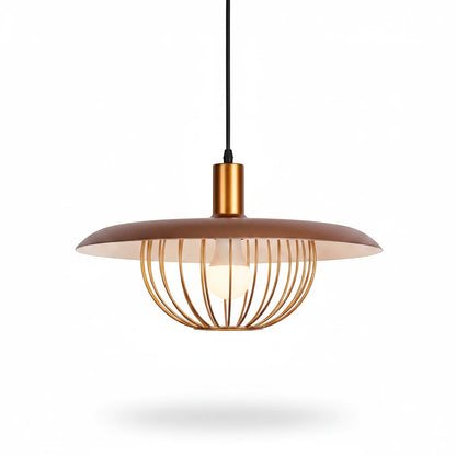 Lysverden gold metal pendant lamp with a flat bowl-shaped shade and a decorative ribbed wire design.