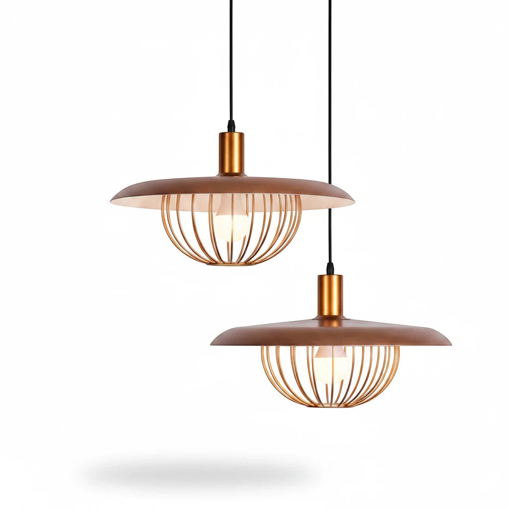 Lysverden gold metal pendant lights with flat bowl-shaped ribbed shades and E27 bulbs against a white background.
