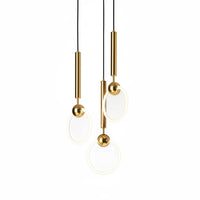 Lysverden modern gold ring pendant light cluster with three circular LED fixtures hanging at varying heights.