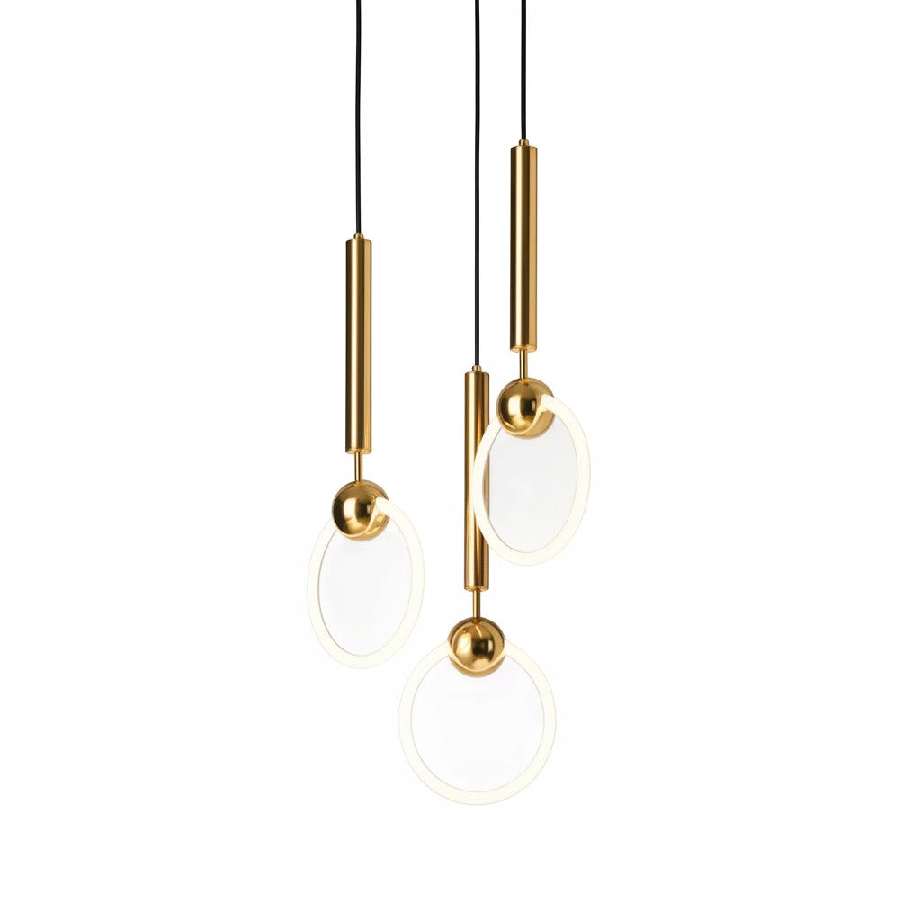 Lysverden modern gold ring pendant light cluster with three circular LED fixtures hanging at varying heights.