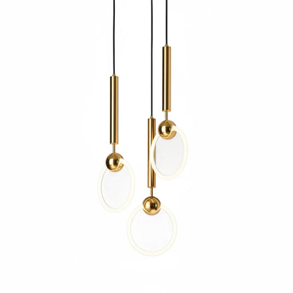 Lysverden modern gold ring pendant light cluster with three circular LED fixtures hanging at varying heights.