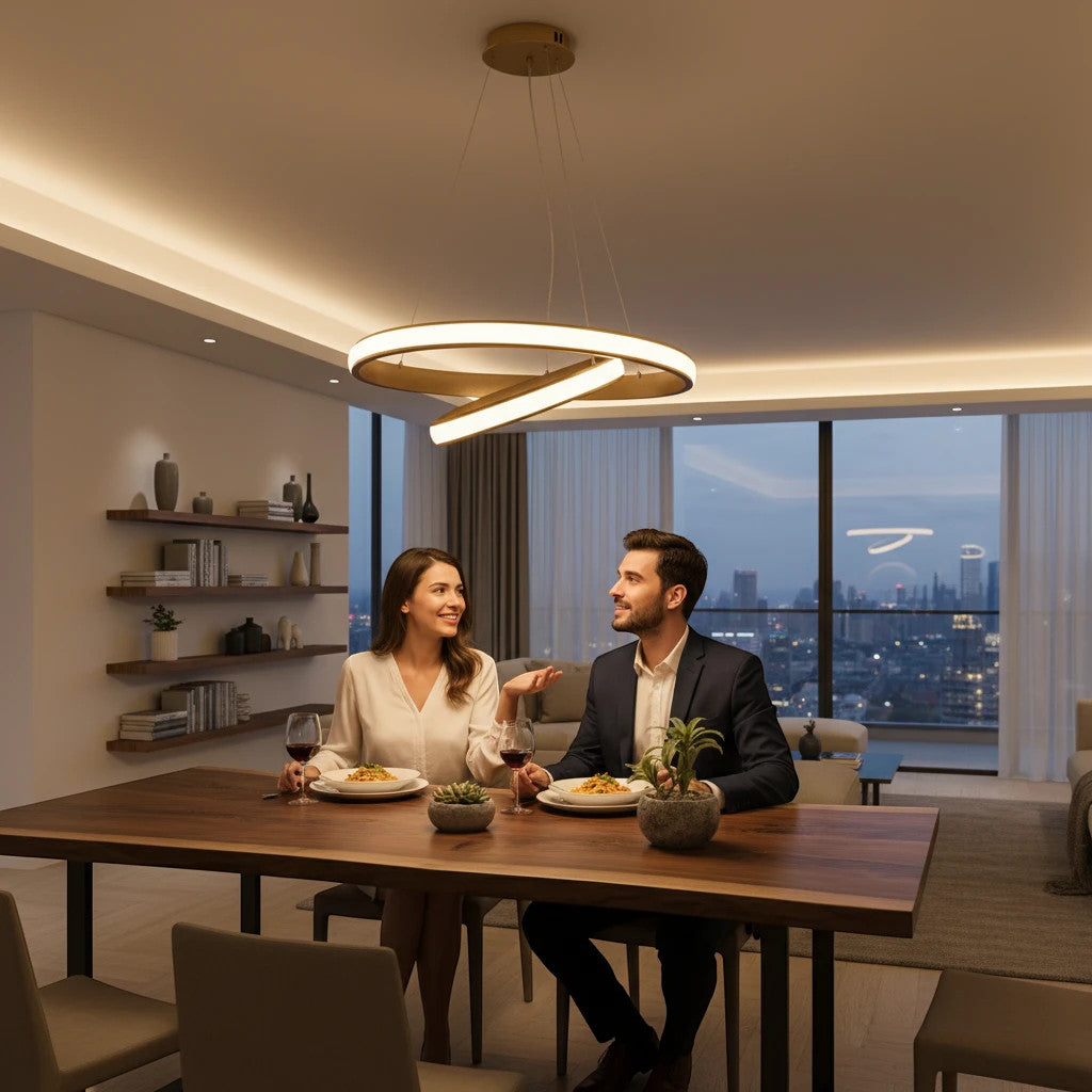 Lysverden gold spiral LED pendant lamp hanging over a dining table with a couple dining in a modern apartment.