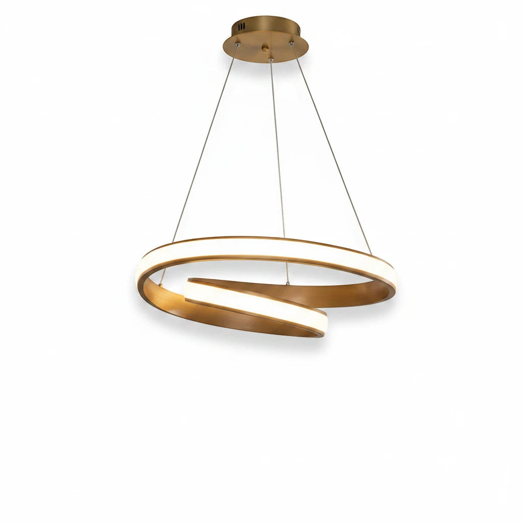 Lysverden gold spiral LED pendant lamp with a modern sculptural loop design and integrated acrylic light diffuser.