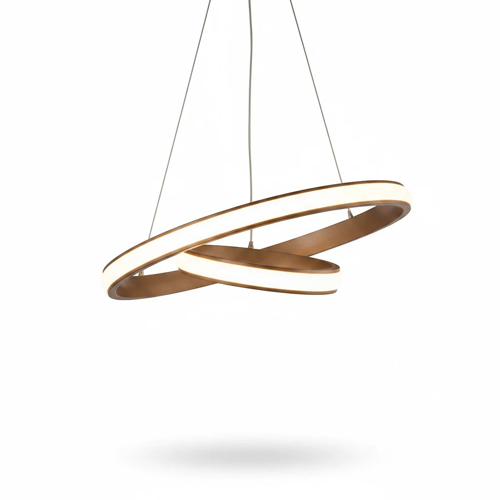 Lysverden gold spiral LED pendant light with a sculptural loop design and integrated acrylic light diffuser.