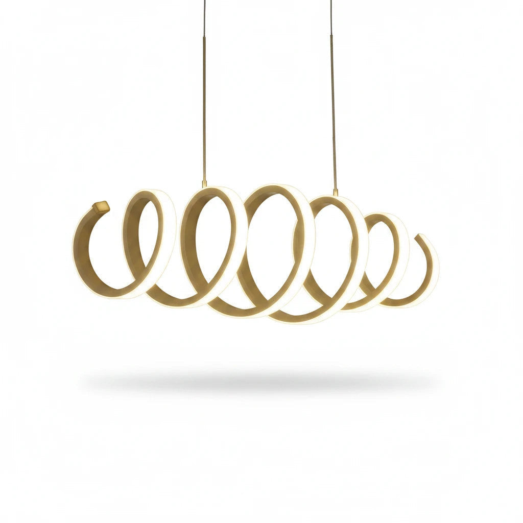 Lysverden LYS Ringpendel med moderne gullfarget LED-spiral med sirkelringer, for spisestuen.