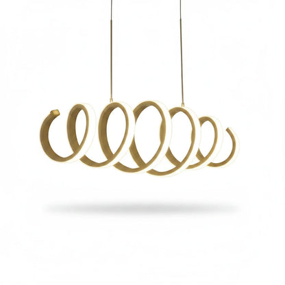Lysverden LYS Ringpendel med moderne gullfarget LED-spiral med sirkelringer, for spisestuen.