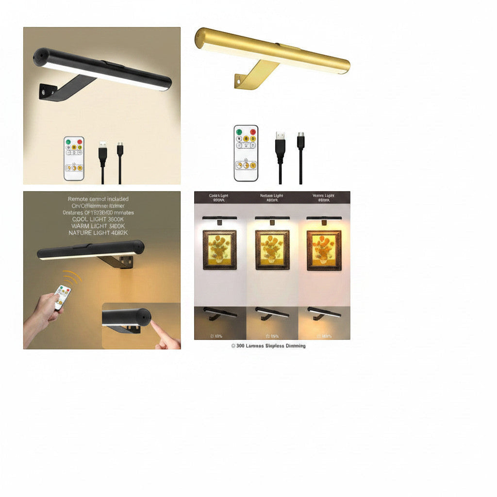 Lysverden modern gold tube-design picture light with 4400 mAh battery, 300 lm, USB-C, and remote control.