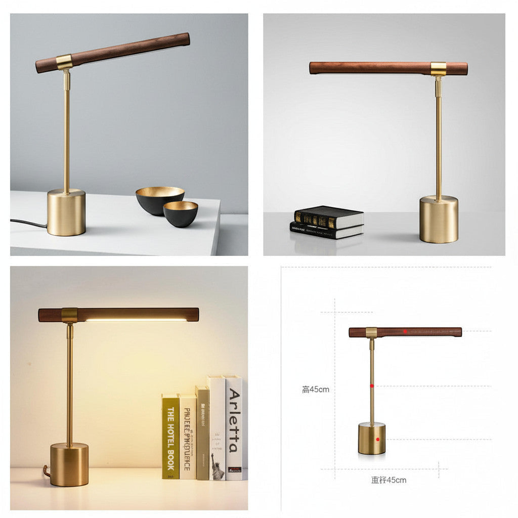 Lysverden T-shaped desk lamp with gold metal base and wood bar. Adjustable head, E27 socket. Modern minimalist design.