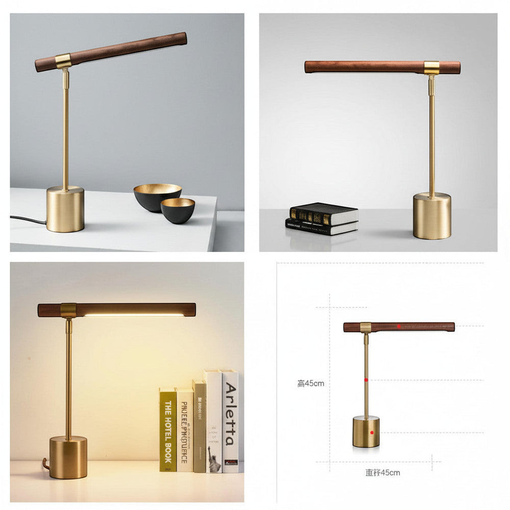 Lysverden T-shaped desk lamp with gold metal base and wood bar. Adjustable head, E27 socket. Modern minimalist design.