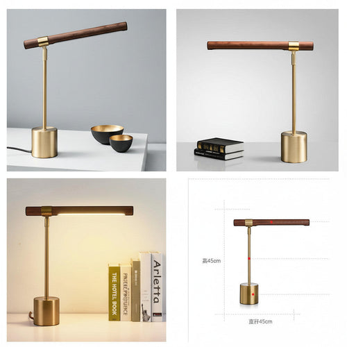 Lysverden T-shaped desk lamp with gold metal base and wood bar. Adjustable head, E27 socket. Modern minimalist design.
