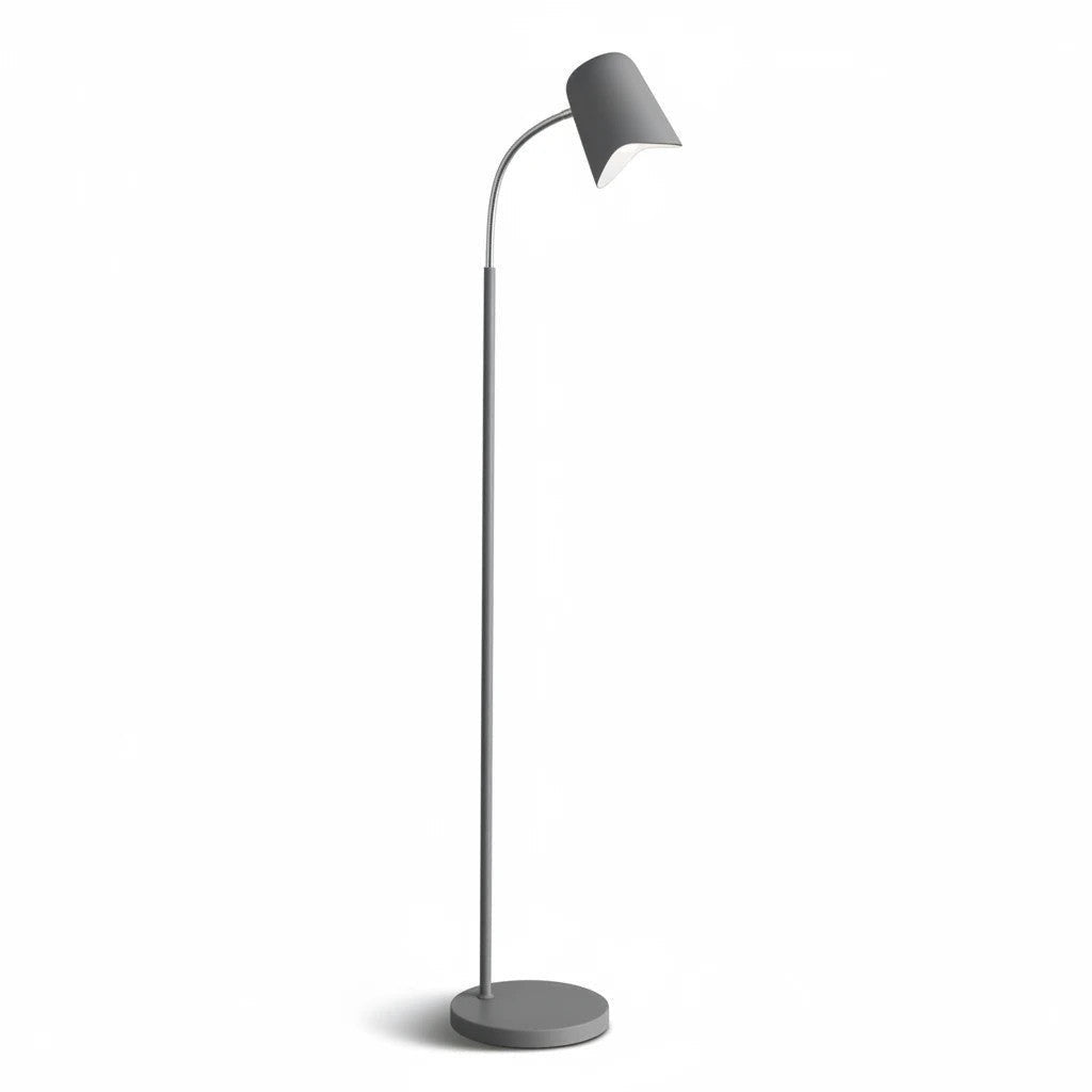 Lysverden minimalistisk grå gulvlampe i metall med en justerbar kjegleformet skjerm for retningsbestemt leselys.