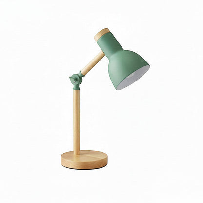 Lysverden green macaron desk lamp with adjustable head and wood base. Metal and wood construction.