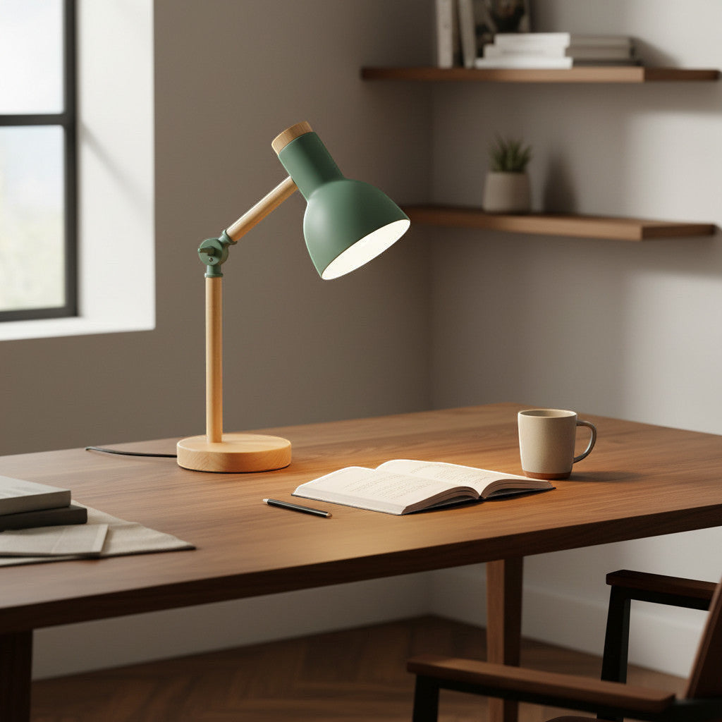 Lysverden green macaron desk lamp with adjustable head and natural wood base. Modern Nordic style.