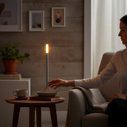 Lysverden grey aluminum cordless candle lamp with touch dimming and warm light, 2700K