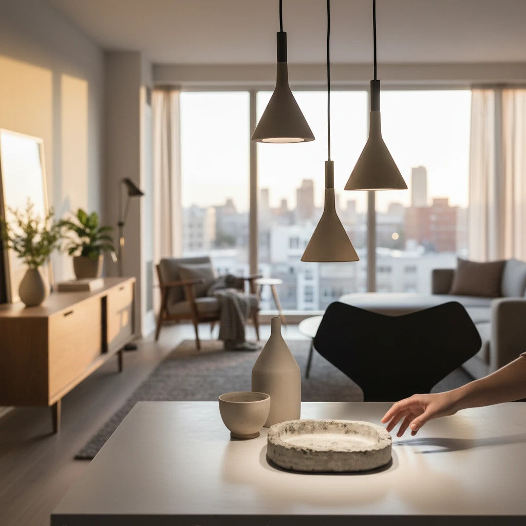 Lysverden grey concrete conical pendant lights hanging over a modern living room table with warm ambient lighting