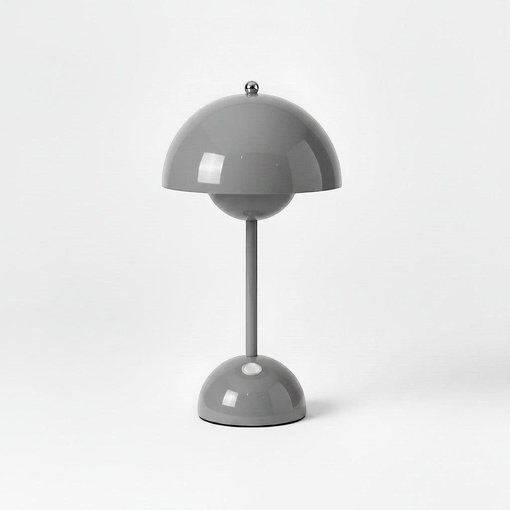 Lysverden grey polycarbonate cordless touch table lamp, inspired by Flowerpot design, dimmable with 2600 mAh battery.