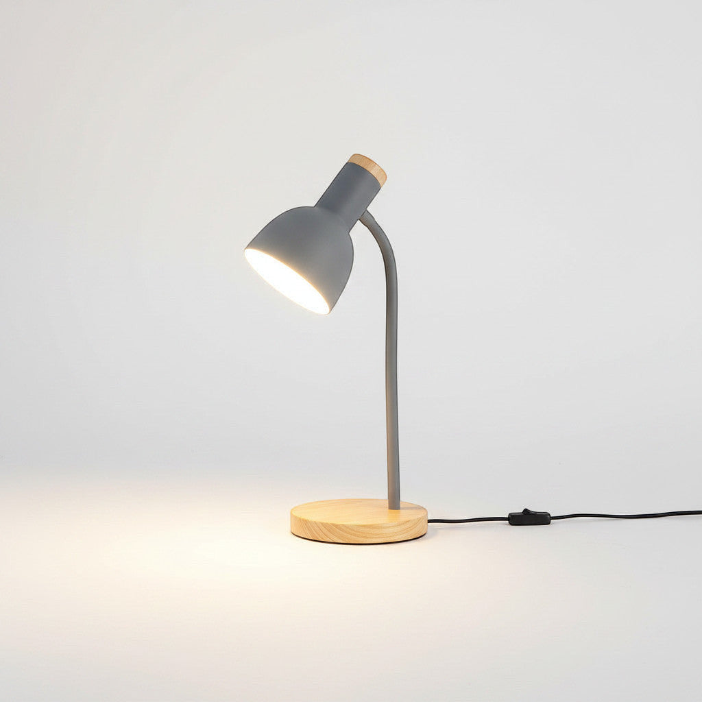 Lysverden grey metal desk lamp with flexible arm and wood base, E27 socket, adjustable shade