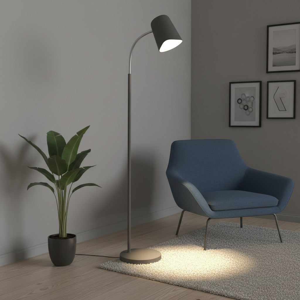 Lysverden minimalist grey metal floor lamp with adjustable cone shade illuminating a cozy living room corner