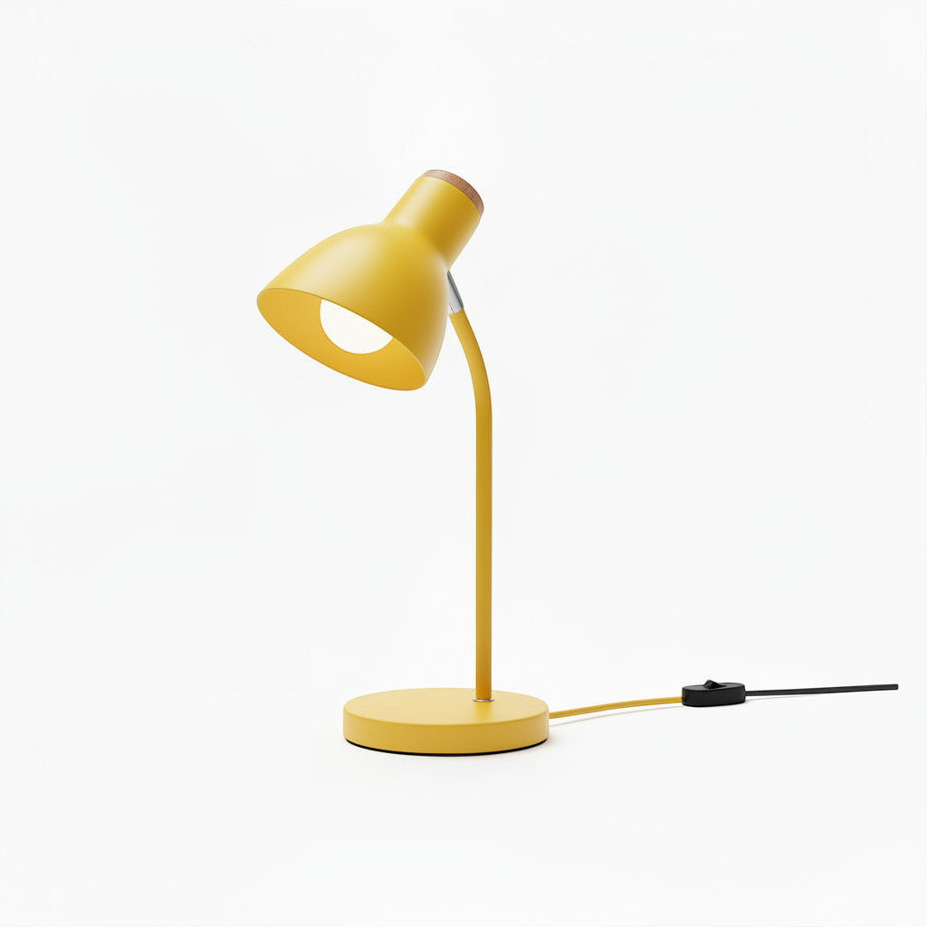 Lysverden grey metal desk lamp with adjustable shade and wood accent on a round base. Nordic style.