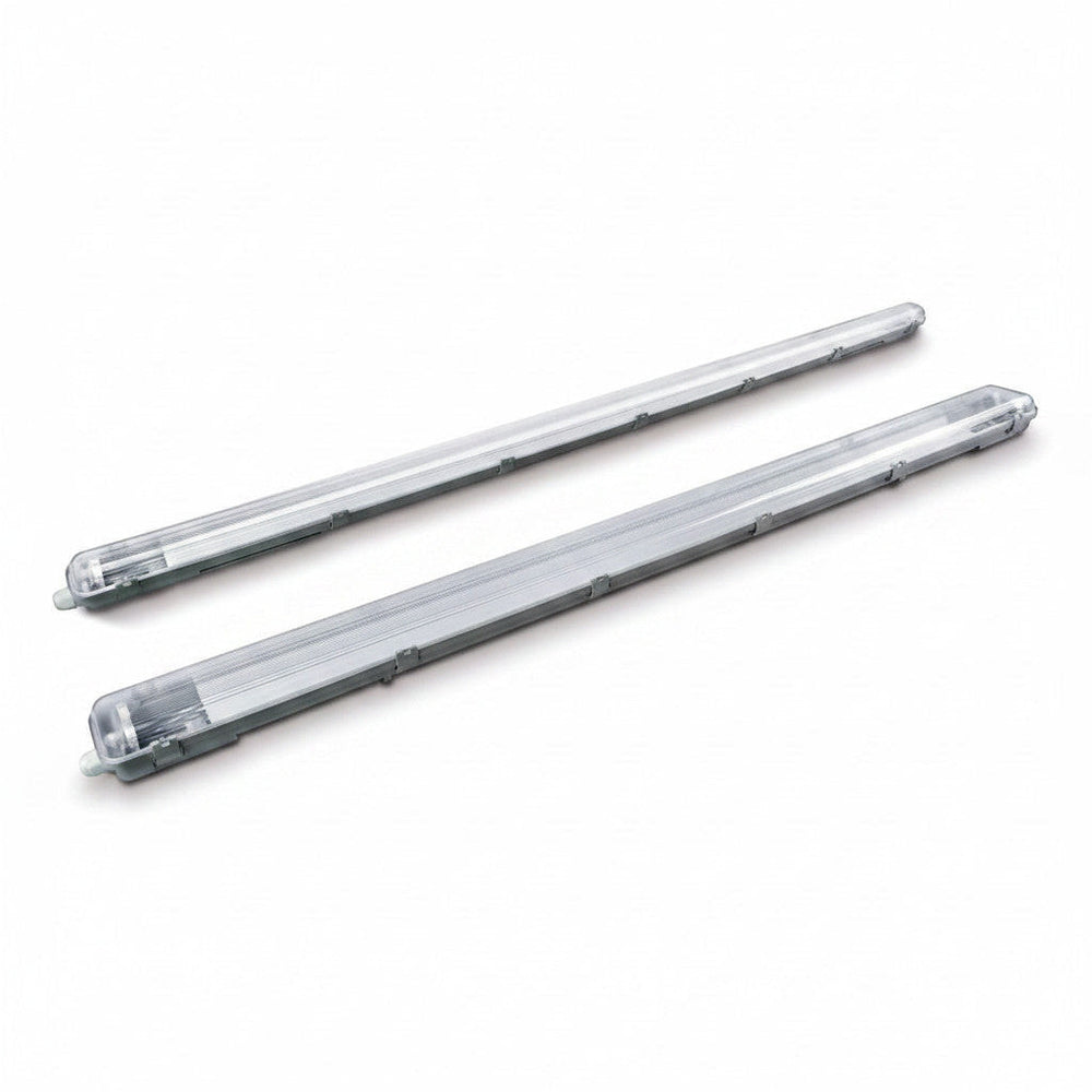 Lysverden IP65 waterproof T8 LED light fixture housing with clear polycarbonate cover and grey base. Linkable design.