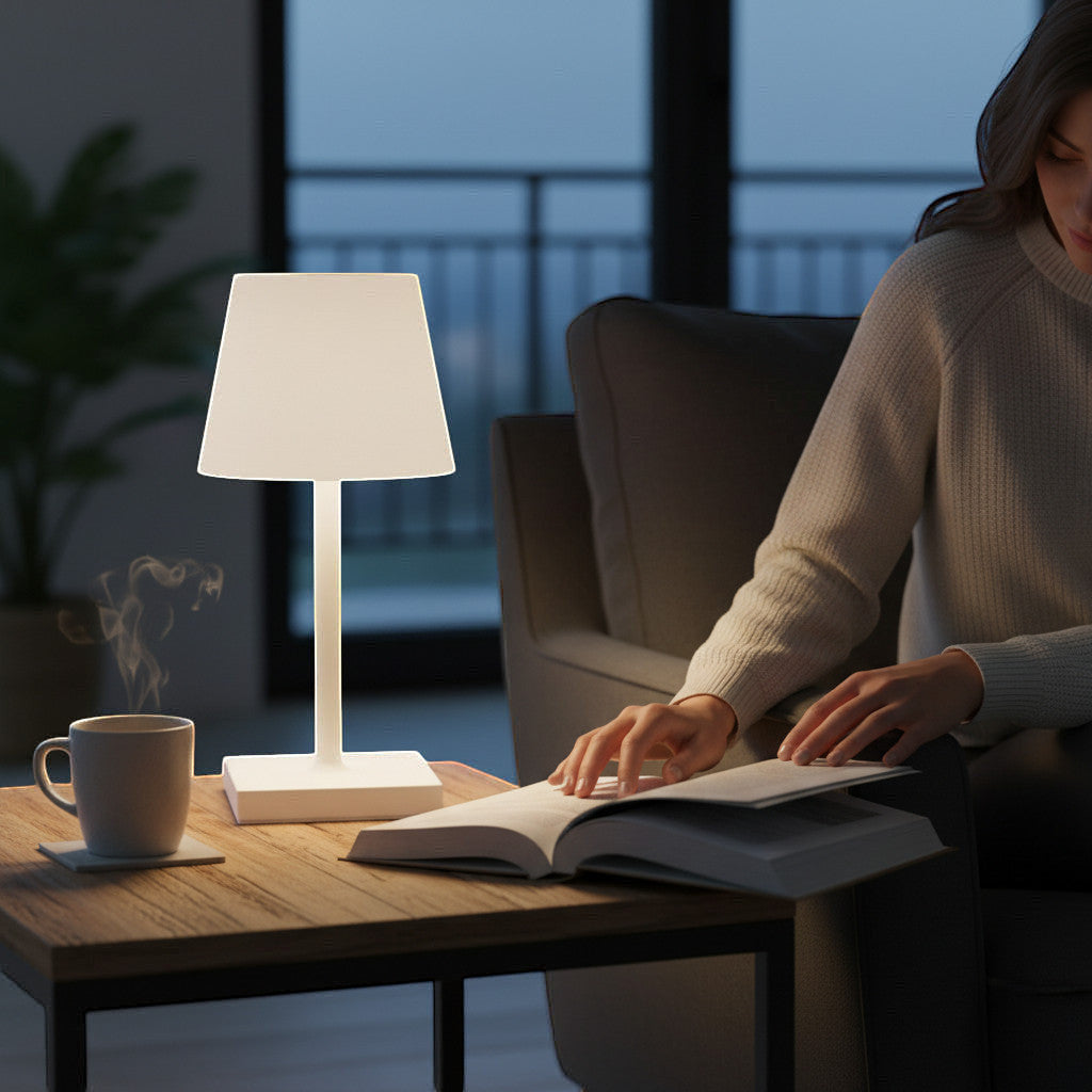 Lysverden compact Italian restaurant lamp with white shade, aluminum base, touch dimming, 3000K warm light, 5200mAh battery.