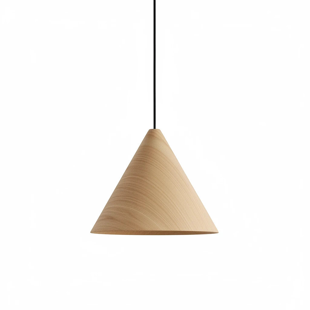 Lysverden KJEGLE pendellampe i naturlig tre med minimalistisk kjegleform og sort ledning for skandinaviske interiør
