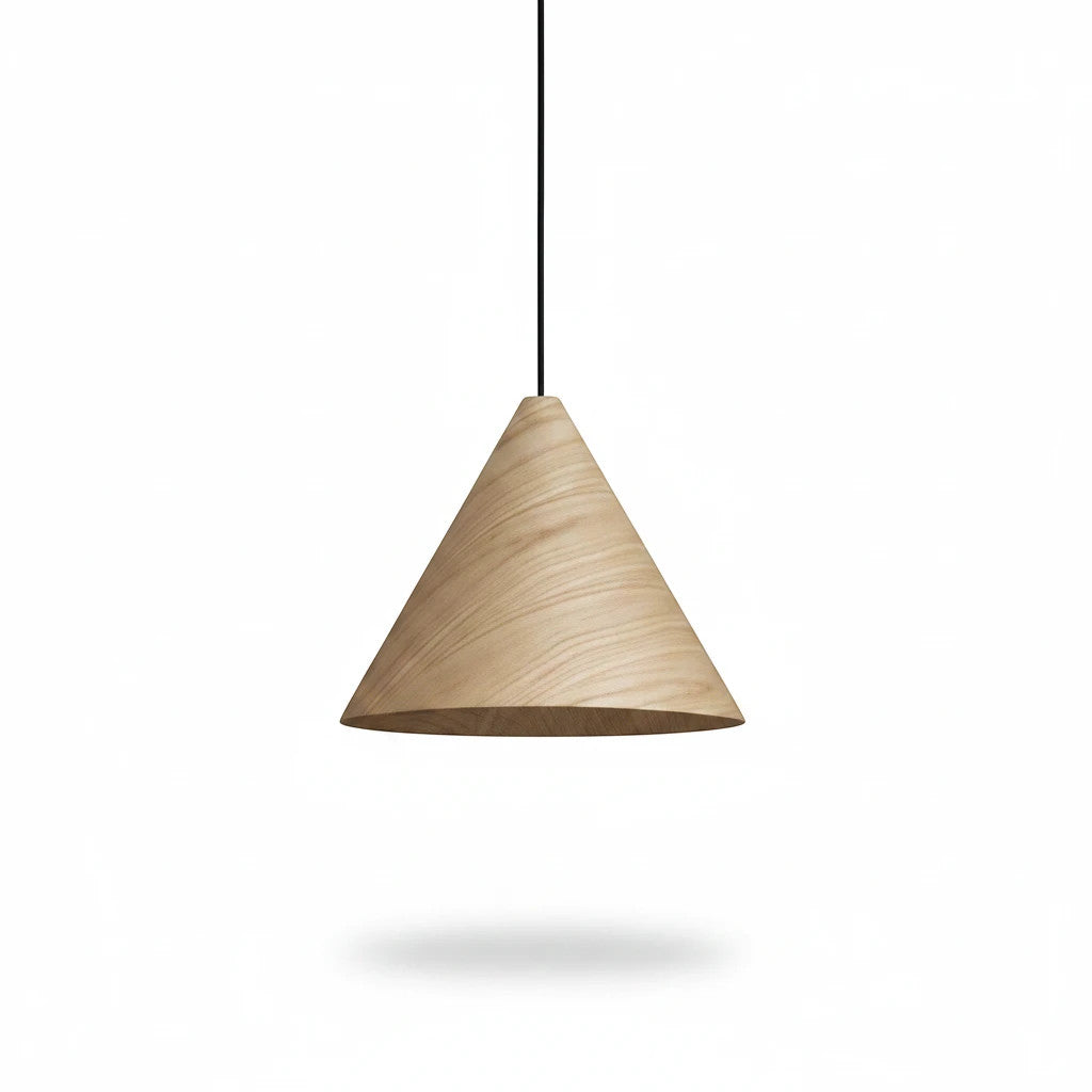 Lysverden KJEGLE minimalist pendant lamp in natural solid wood with a conical shape for Scandinavian interiors.