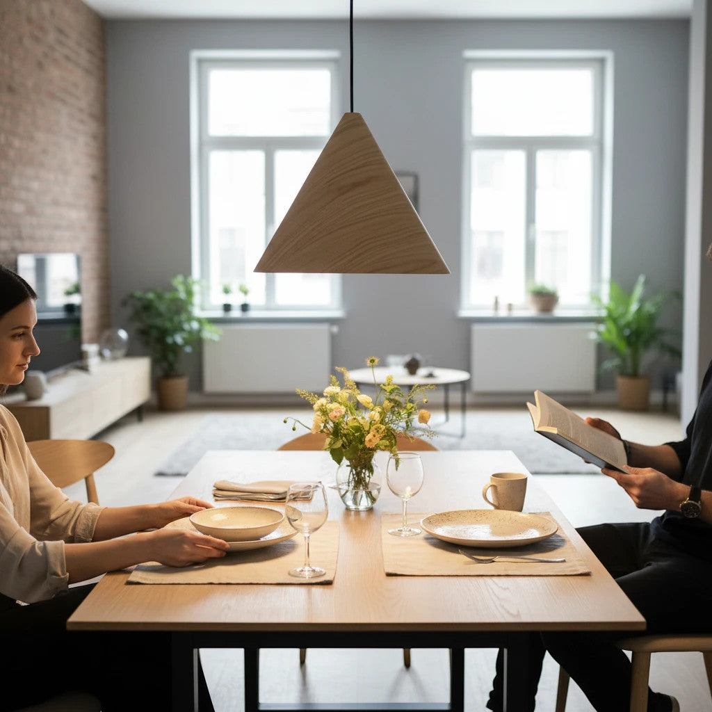 Lysverden KJEGLE wooden cone pendant lamp hanging over a dining table in a minimalist Scandinavian home interior.