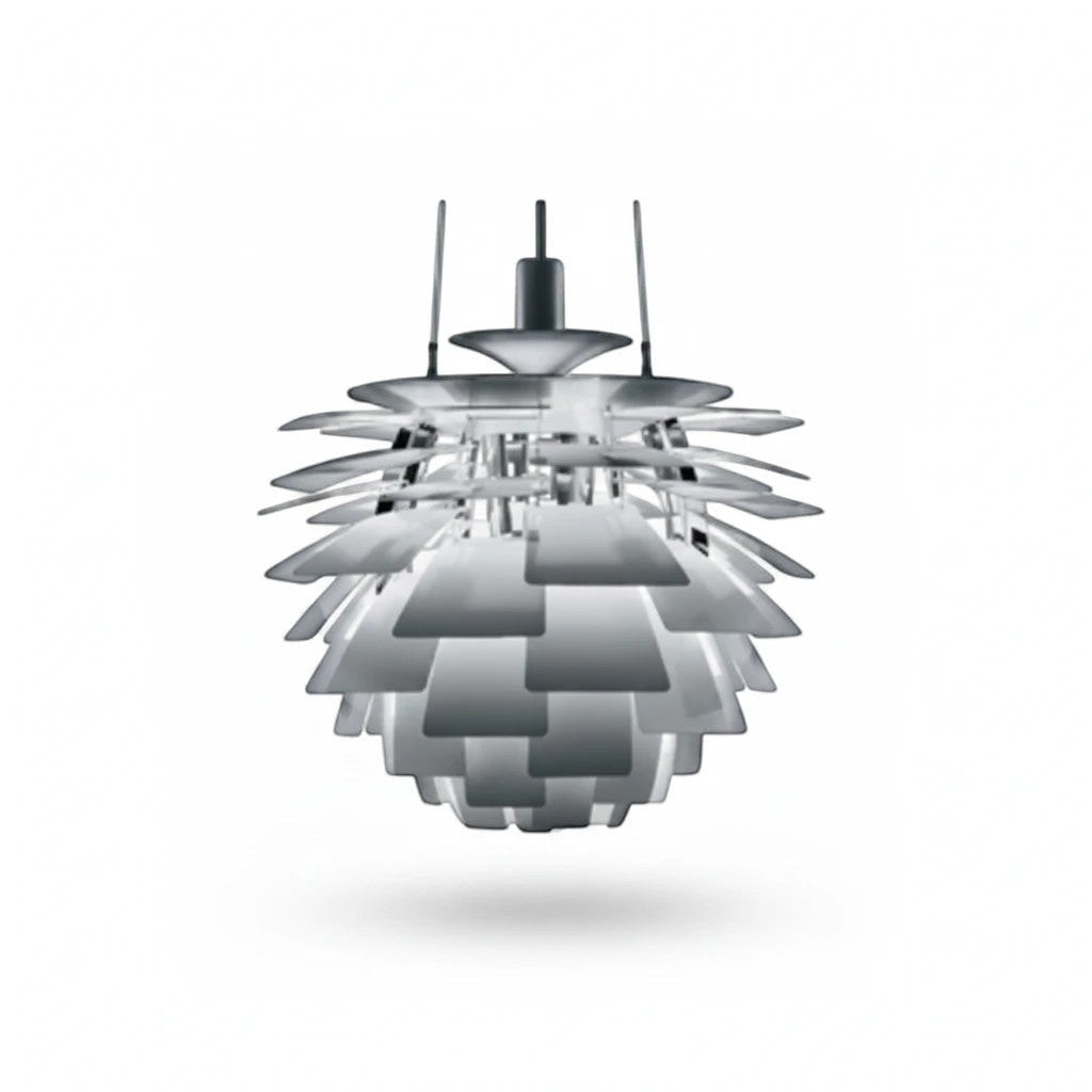 Lysverden Kongle pendant lamp in silver metal with layered architectural slats for soft, glare-free lighting.
