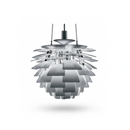 Lysverden Kongle pendant lamp in silver metal with layered architectural slats for soft, glare-free lighting.
