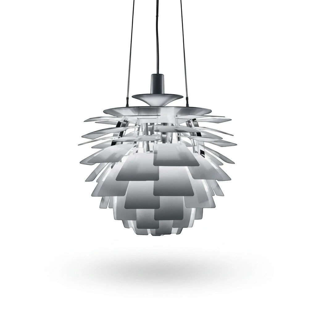Lysverden Kongle silver metal pendant lamp with layered architectural lamella design for soft glare-free lighting.