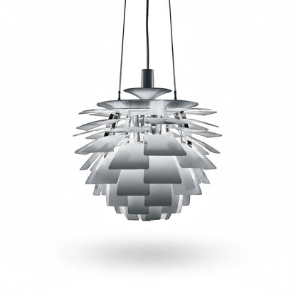 Lysverden Kongle silver metal pendant lamp with layered architectural lamella design for soft glare-free lighting.